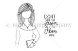 Red rubber stamp art of Angie Blom's Planner Gal with book and 'Don't call it a dream call it a plan'
