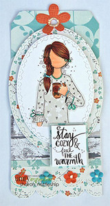 Teal flowered tag of Planner Gal with a coffee mug, 'stay cozy & feel the warmth'