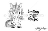 Red rubber stamp sheet of a sweet baby unicorn with a flowing mane sitting down, paired with the sentiment 'Sometimes we need a little magic.'