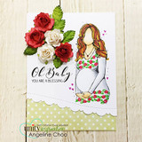 Card with the girl in a floral dress with paper roses, 'Oh Baby, you are a blessing.'
