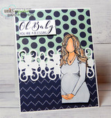 Card with the expecting girl on a navy dot background, 'Oh Baby, you are a blessing.'