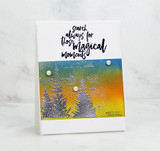 Two pine trees over sheet music on a blue-to-yellow sky, 'search always for those magical moments.'