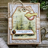 Pine-tree-and-music scene in soft greens on a vintage tag, 'A Merry Christmas to you.'