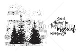 Uncolored red rubber pine trees over sheet music, 'search always for those magical moments.'