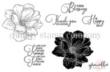 Line-art stamp sheet of magnolia blooms with sentiments 'Blessings,' 'Thank you for everything,' 'Happy day.'