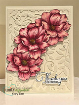 Card with red-and-blush magnolias on an embossed cream panel, 'thank you for everything.'