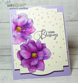 Card with purple magnolias on a gold-dotted cream panel, 'Sending Blessings.'