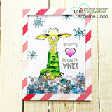 Shaker card with the giraffe in a green scarf over striped paper and the warm-my-heart sentiment.