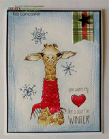 Card with the giraffe in a red scarf and snowflakes and the warm-my-heart sentiment.