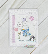 Soft card with the snowman, penguin and a purple heart balloon.