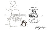 Black-and-white Love to My Heart stamp set by Tierra Jackson: a snowman with a heart balloon and a penguin, 'Thank you for bringing joy to my life... love to my heart.'
