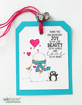 Teal tag card with the snowman, penguin and pink hearts, 'Thank you for bringing joy to my life... love to my heart.'