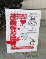 Card with the snowman and penguin over red Fair-Isle paper, 'Thank you for bringing joy to my life... love to my heart.'