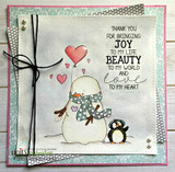 Card with the snowman holding a heart balloon and the penguin, 'Thank you for bringing joy... love to my heart.'