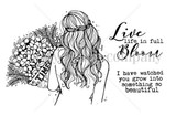 Red rubber stamp sheet: a long-haired girl seen from behind holding a big bouquet, with 'Live life in full bloom' and 'I have watched you grow into something so beautiful'.