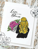 Clean white card with the girl in black holding a pink bouquet, 'Live Life in Full Bloom' at the top.