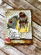 Rustic card with the girl in a yellow sweater holding a colorful bouquet over chicken-wire embossed kraft.