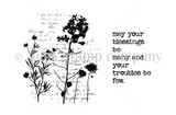 The Troubles be Few red rubber stamp — a wildflower silhouette over script text reading 'may your blessings be many and your troubles be few.'