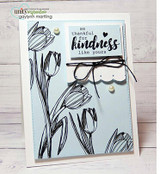 Gray card with outlined tulips, stamped 'so thankful for kindness like yours.'
