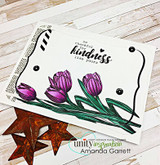 Card with purple hand-colored tulips, stamped 'so thankful for kindness like yours.'