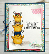 Card with a stack of golden owls and a blue bow with the thank-you sentiment.