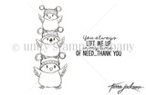 Lift Me Up Birdies red rubber stamp sheet by Tierra Jackson: a stack of little owls in winter hats with 'You always lift me up in my time of need...thank you.'