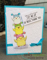 White embossed card with a stack of hatted owls and 'You always lift me up in my time of need.'