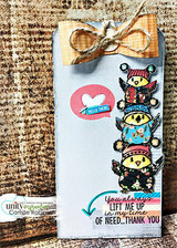 Tag-style card with a colorful stack of hatted owls and a 'hello there' heart badge.