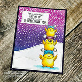 Deep purple snowy card with a stack of owls on a hill and the thank-you sentiment.