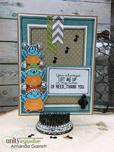 Vintage card with a stack of orange and blue owls, music notes, and the thank-you sentiment.