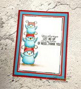 Red and blue layered card with a stack of hatted owls and the thank-you sentiment.