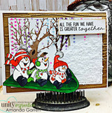 Colored card of the sledding snowmen among trees and a reindeer with the sentiment 'All the fun we have is greater together.'