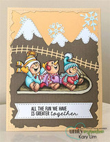 Snowman trio card on a kraft mountain scene with a banner reading 'All the fun we have is greater together.'