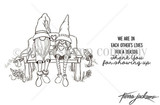Line-art stamp of two gnomes on a bench with 'We are in each other's lives for a reason. Thank you for showing up.'