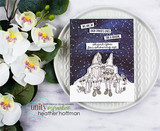 Card with two line-art gnomes on a bench over a starry night panel and 'We are in each other's lives for a reason.'