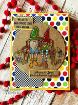 Card with two gnomes on a bench on kraft over polka dots and 'Thank you for showing up.'