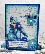 Blue script card with the glam lady and flowers, 'What a great pleasure it must be to have a friend as wonderful as me.'