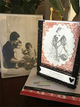 Red vintage card with the glam lady in profile.
