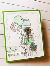 Lime-framed card of the balloon girl colored soft. Happy Birthday.