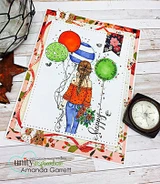 Floral-bordered card with the angiegirl holding balloons. Happy birthday script.