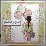 Rose-print card with Birthday Girl banner and the balloon-holding girl with swirl die cuts
