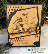 Sample card with the calf stamped in black on torn kraft paper, tied with twine over a black polka dot panel, with a kraft banner reading 'HAY THERE!'.