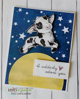 Sample card with the calf die cut and set against a navy starry sky over a yellow moon, with a stitched strip reading 'I udderly adore you'.
