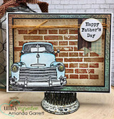 Card with a blue vintage truck on a brick-wall background and "Happy Father's Day!"