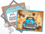 Two cards with the vintage truck and "slowly turning classic" plus "Happy Birthday"