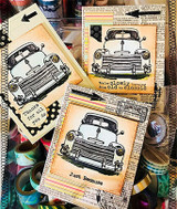 Cards with the vintage truck on layered vintage papers and "Just Because"