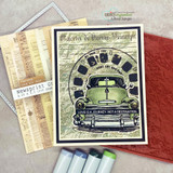 Card with a green vintage truck on newsprint papers and "Love is a journey, not a destination"