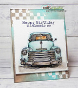 White card with a colored vintage pickup truck and "Happy Birthday to a classic guy," checkered accent