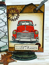 Card with a red vintage truck on a kraft background, "You're slowly turning from old to classic," gears