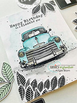 White card with a teal vintage truck and "Happy Birthday to a classic guy," leaf stamping